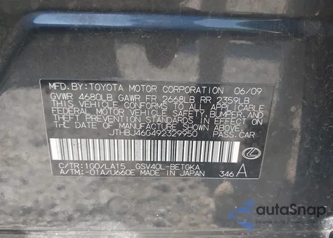 2009 Lexus Es from USA, damaged, VIN JTHBJ46G492329950